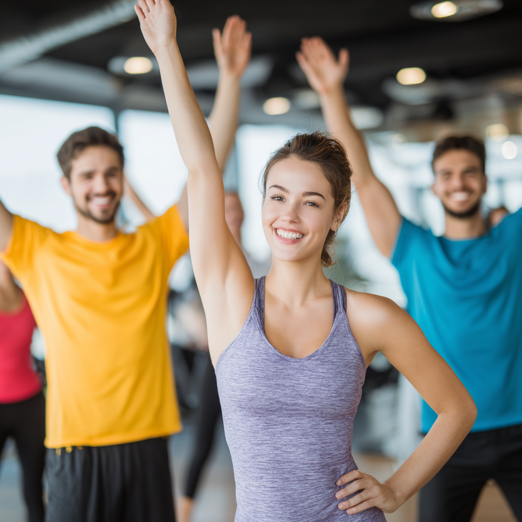 Group of smiling Ukrainian adults practicing yoga and fitness exercises in a modern gym with natural lighting